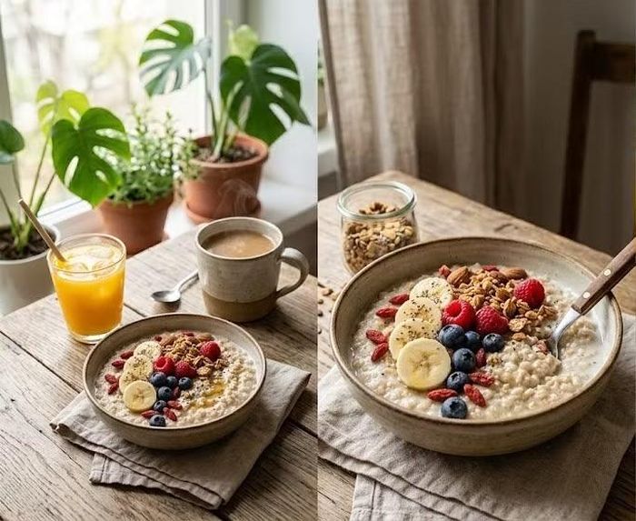 Nếu muốn tăng chất xơ, yến mạch là thực phẩm đáng cân nhắc. Yến mạch chứa chất xơ, trong đó có beta-glucan, có thể góp phần tạo cảm giác no. Có thể nấu yến mạch với sữa không đường, thêm chuối hoặc các loại quả mọng và một ít hạt, đồng thời tránh các loại yến mạch ăn liền có nhiều đường. Ảnh minh hoạ AI