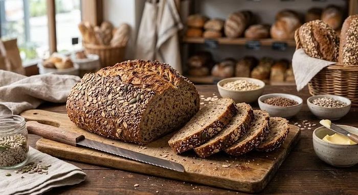 Khi cần một bữa sáng tiện lợi, bánh mì ngũ cốc có thể là lựa chọn phù hợp. So với bánh mì làm chủ yếu từ bột tinh chế, các loại bánh mì nguyên cám hoặc ngũ cốc nguyên hạt thường cung cấp nhiều chất xơ hơn. Có thể ăn một đến hai lát cùng trứng, ức gà, cá hồi và rau củ, đồng thời kiểm soát lượng bơ, phô mai hoặc sốt đi kèm. Ảnh minh hoạ AI