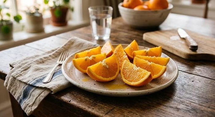 Quả cam chứa nhiều nước, vitamin C cùng một lượng chất xơ nhất định, đặc biệt khi ăn cả phần tép. So với các món tráng miệng nhiều đường, một quả cam nguyên quả có thể là lựa chọn nhẹ nhàng hơn. Để kiểm soát lượng đường nạp vào, nên ưu tiên ăn cam trực tiếp thay vì uống nước cam đã thêm đường. Ảnh minh hoạ AI