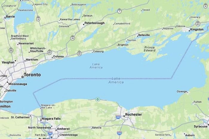 Apple Maps đổi tên Hồ Ontario thành "Hồ America". Ảnh chụp màn hình.