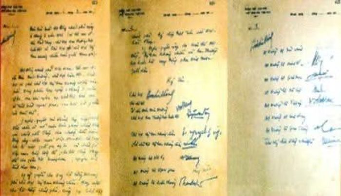 Biên bản cuộc họp đặc biệt sáng 6/3/1946, có chữ ký của Trưởng ban Thường trực Quốc hội Nguyễn Văn Tố cùng các thành viên Chính phủ và Ủy ban kháng chiến, tán thành ký Hiệp định Sơ bộ 6/3/1946; Quốc hội ủy quyền cho phái đoàn Việt Nam Chủ tịch Hồ Chí Minh dẫn đầu ký với đại diện Chính phủ Pháp bản Hiệp định này. Ảnh tư liệu BTLSQG.