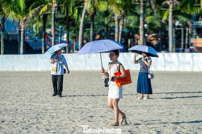 Cả bãi biển lác đác vài người ra các bóng cây để tránh nóng. Một số người đi dạo trên bãi biển phải che ô hoặc mặc áo chống nắng để tránh bị cháy da.