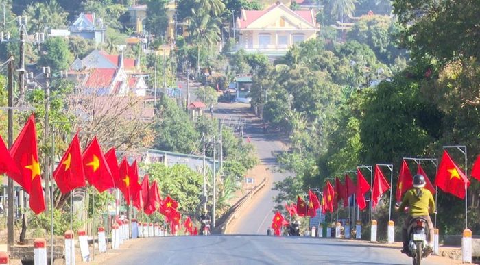 Khắp các buôn làng Gia Lai rực rỡ sắc màu cờ Tổ quốc. Ảnh: Ngọc Thu