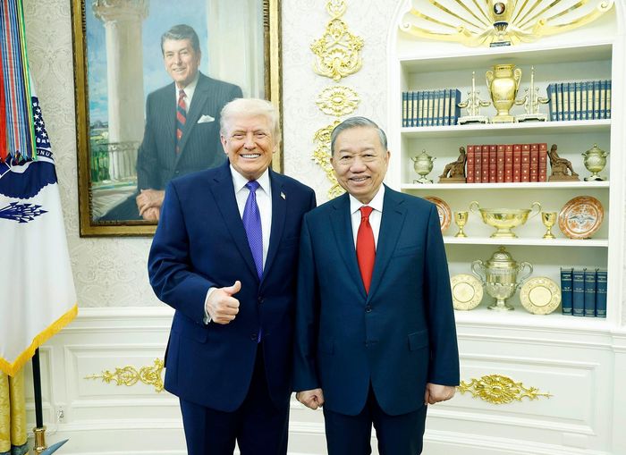 Tổng Bí thư, Chủ tịch nước Tô Lâm gặp Tổng thống Mỹ Donald Trump nhân dịp tham dự cuộc họp khai mạc Hội đồng Hòa bình hồi tháng 2. Ảnh: TTXVN
