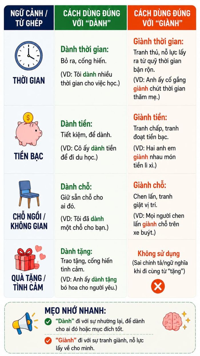 "Dành" hay "giành" đều đúng chính tả nhưng được sử dụng ở những ngữ cảnh khác nhau.