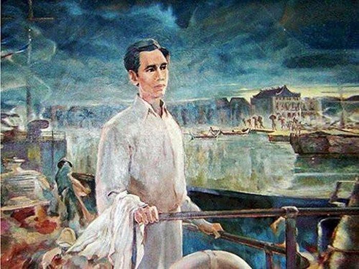 Tranh vẽ người thanh niên Nguyễn Tất Thành rời cảng Bến Nhà Rồng Sài Gòn với quyết tâm ra đi tìm đường cứu nước.
