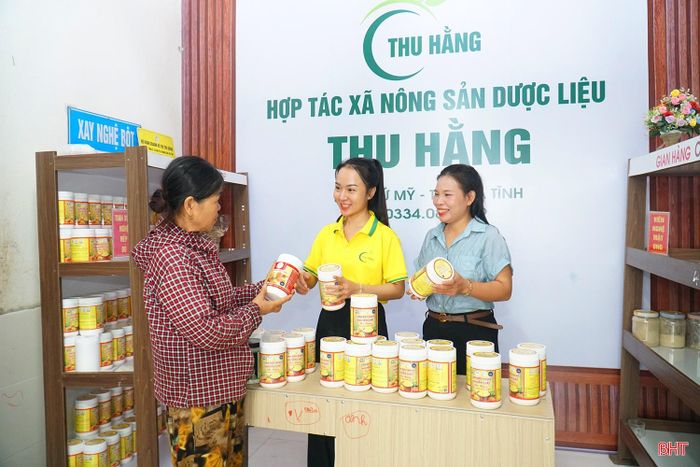 Bà Võ Thị Thu Hằng (áo xanh) giới thiệu sản phẩm tinh bột nghệ, tinh bột sắn dây của HTX.