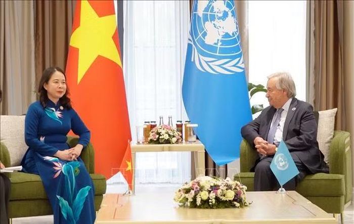 Phó Chủ tịch nước Võ Thị Ánh Xuân gặp Tổng Thư ký Liên hiệp quốc António Guterres. Ảnh: Tâm Hằng/Phóng viên TTXVN tại SNG