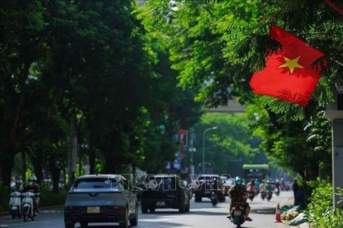 Lá cờ Tổ quốc nổi bật giữa những tán cây xanh trong nắng tháng Chín, một hình ảnh giản dị mà rất đỗi thân quen với nhiều thế hệ người Hà Nội mỗi dịp Quốc khánh.