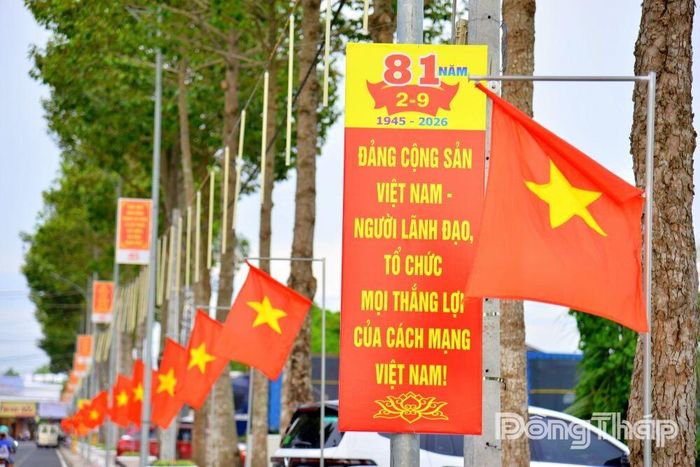 Dãy cờ Tổ quốc nối dài dưới những hàng cây, xen giữa các pa-nô, khẩu hiệu tạo nên không gian trang nghiêm, rực rỡ.