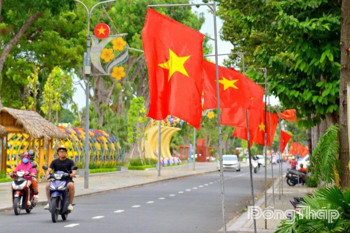 Cờ Tổ quốc nối dài trên tuyến phố, tung bay trong nắng, rực rỡ giữa lòng đô thị trong ngày Quốc khánh.