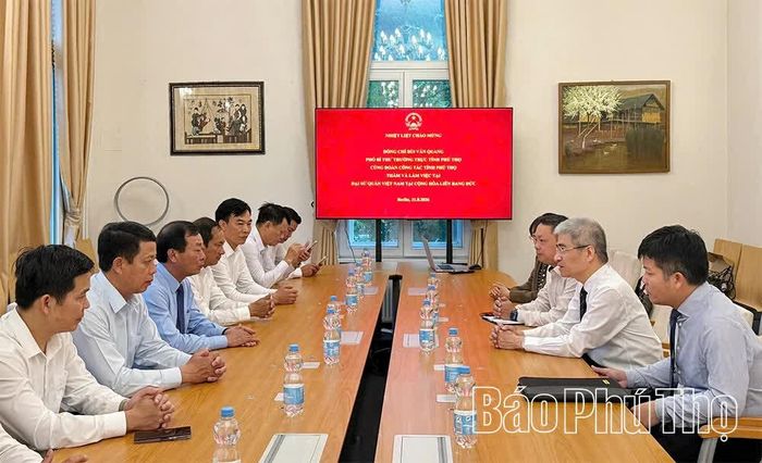 Phó Bí thư Thường trực Tỉnh ủy Bùi Văn Quang và đoàn đại biểu tỉnh Phú Thọ tại buổi làm việc với Đại sứ quán Việt Nam tại Cộng hòa Liên bang Đức.
