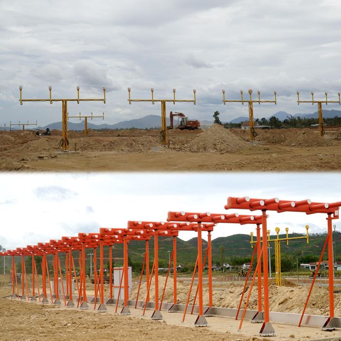 Dự án xây dựng đường cất hạ cánh số 2 và các công trình đồng bộ tại sân bay Phù Cát có tổng mức đầu tư hơn 3.200 tỷ đồng. Công trình khởi công tháng 8/2025, thời gian thực hiện theo kế hoạch là 12 tháng. Trong ảnh là hệ thống đèn hiệu trên đường cất hạ cánh số 2.