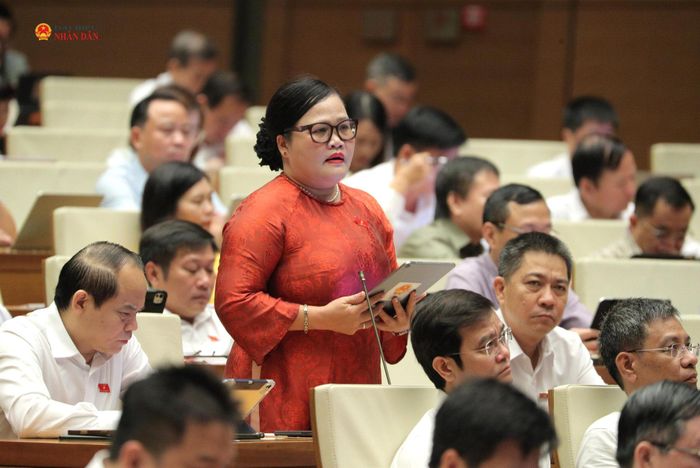 Phó Trưởng đoàn chuyên trách Đoàn ĐBQH TP. Huế Nguyễn Thị Sửu phát biểu tại hội trường. Ảnh: Hồ Long
