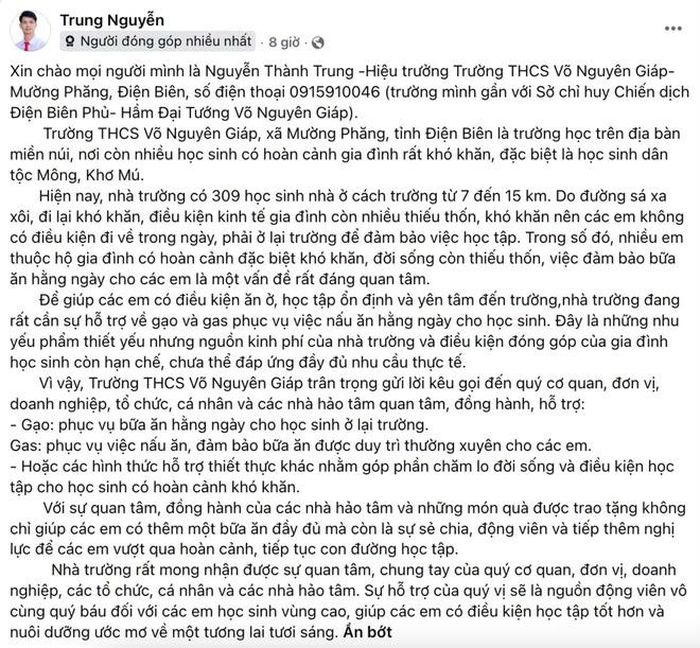 Bài đăng kêu gọi hỗ trợ bữa ăn cho học sinh của thầy giáo Nguyễn Thành Trung - Hiệu trưởng Trường Trung học cơ sở Võ Nguyên Giáp, thu hút sự quan tâm của dư luận và các cơ quan báo chí. Ảnh: Chụp màn hình