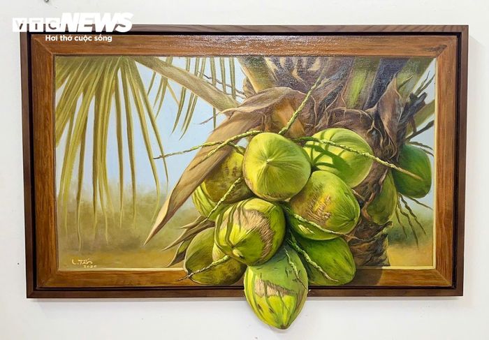 Những trái dừa hiện lên chân thực trên mặt tranh nhờ kỹ thuật đắp nổi kết hợp màu sơn dầu.