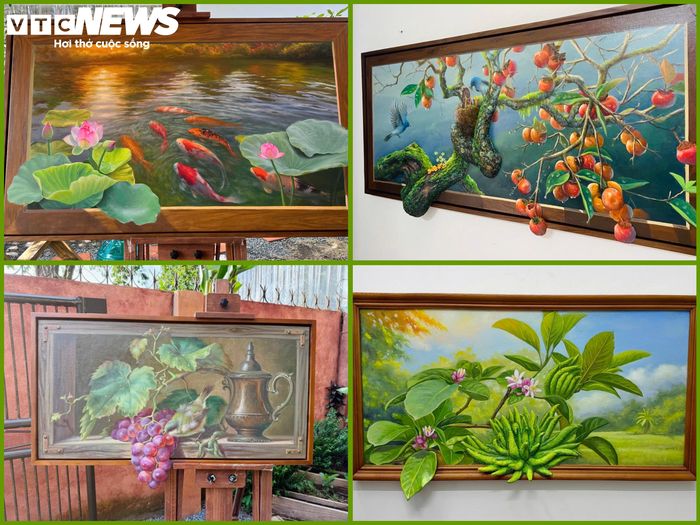 Các loại hoa, trái quen thuộc được anh Lý Tấn tạo khối nổi, tái hiện từ hình dáng, màu sắc đến những chi tiết nhỏ trên bề mặt.