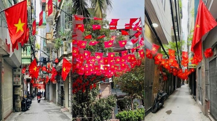 Khắp các tuyến phố, ngõ ngách của phường Khương Đình rợp màu cờ đỏ sao vàng. Ảnh: HT