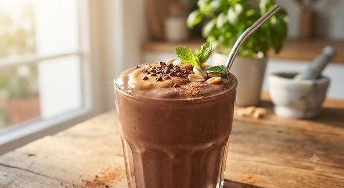 Sinh tố bơ đậu phộng và cacao giàu chất chống oxy hóa giúp ổn định lượng đường trong máu. Ảnh minh họa AI