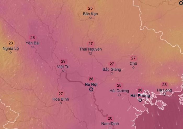  Dự báo nhiệt độ ở một số khu vực tại miền Bắc sáng 5/9 (nhiệt độ cảm nhận có thể cao hơn 3 - 5oC). Ảnh: Ventusky, ICON. 