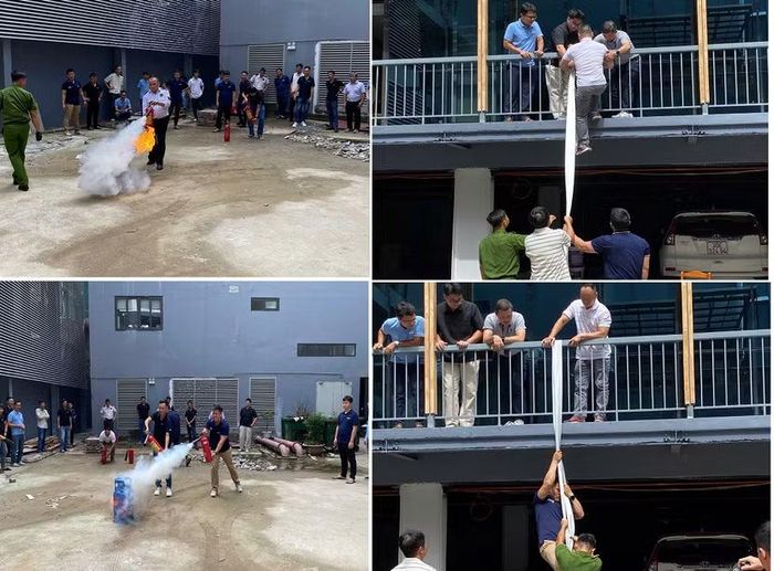 Cán bộ, nhân viên Tổng công ty Truyền thông đa phương tiện VTC tham gia thực hành các phương tiện chữa cháy tại chỗ