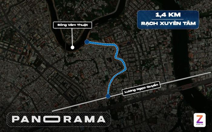  Hướng tuyến 1,4 km đoạn đường ven rạch Xuyên Tâm vừa được thông xe hôm 2/9. Đồ họa: Quỳnh Danh. 