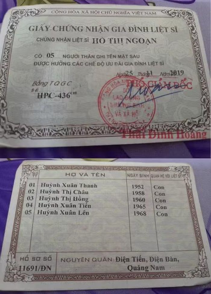 Giấy chứng nhận gia đình liệt sĩ Hồ Thị Ngoạn.