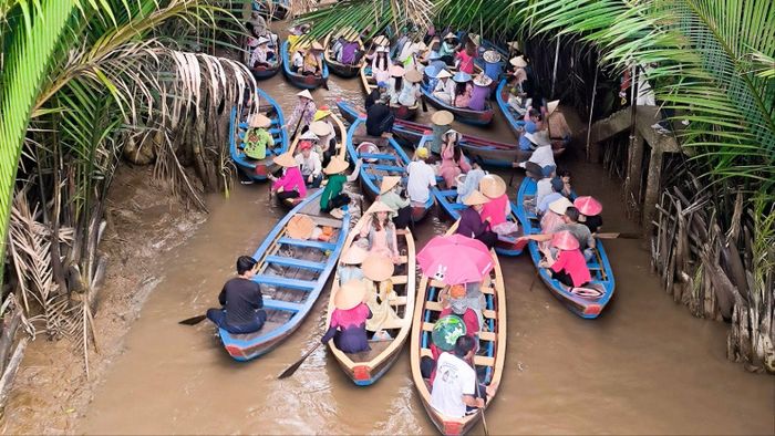 Đông đảo du khách chọn trải nghiệm bằng xuồng ba lá trong rừng dừa nước tại cồn Thới Sơn, tỉnh Đồng Tháp. Ảnh: QUANG VINH