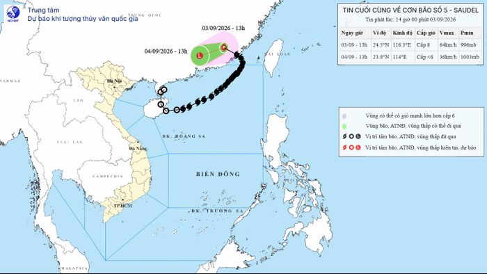Vị trí tâm bão số 5 trên đất liền tỉnh Phúc Kiến (Trung Quốc) chiều 3-9. Nguồn: Trung tâm Dự báo khí tượng - thủy văn quốc gia