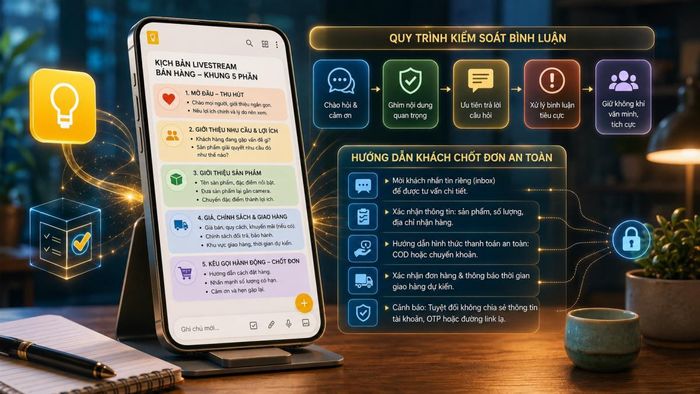 Sử dụng ứng dụng Google Keep để soạn thảo kịch bản khung 5 phần và quy trình kiểm soát bình luận, hướng dẫn khách chốt đơn qua tin nhắn riêng an toàn. Đồ hoạ: Thái Bình
