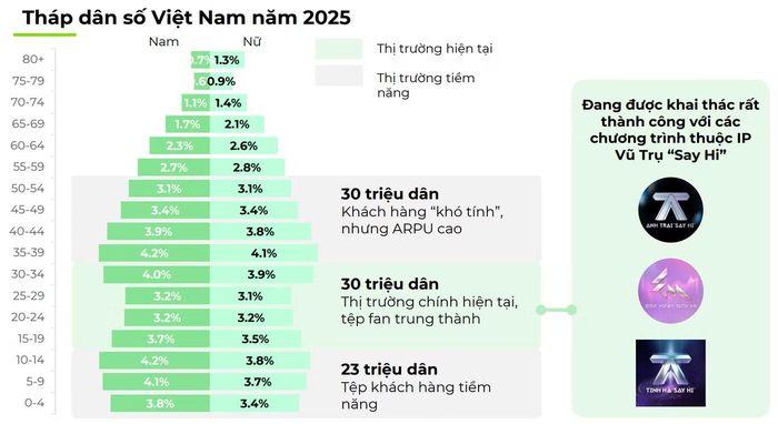 Con số này cho thấy thị trường nội dung vẫn còn những nhóm tuổi chưa được phục vụ sâu như tệp khán giả 13-35 tuổi, nơi Vũ trụ Anh trai say hi tạo được độ nhận diện lớn.