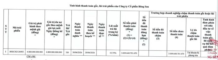 Công ty CP Bông Sen còn dư nợ gốc 4.800 tỷ đồng đối với lô trái phiếu BSECH2126003.