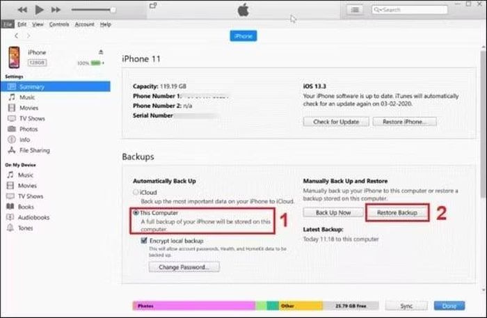  Nhấn Restore Backup, chọn bản sao lưu vừa tạo và đợi dữ liệu được khôi phục. 