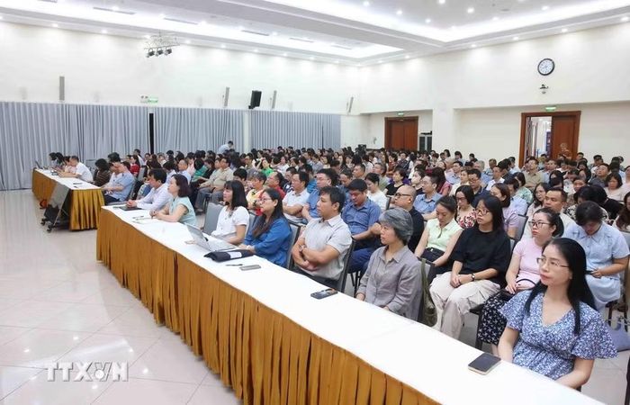 Đảng viên thuộc Đảng bộ Thông tấn xã Việt Nam tham dự Hội nghị trực tuyến tại điểm cầu trụ sở Thông tấn Quốc gia (5 Lý Thường Kiệt, Hà Nội). (Ảnh: Phạm Kiên/TTXVN)