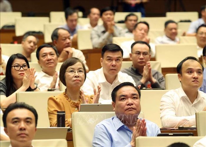 Các đại biểu tham dự hội nghị tại điểm cầu chính - Phòng họp Diên Hồng, Nhà Quốc hội, Hà Nội. Ảnh: Thống Nhất/TTXVN