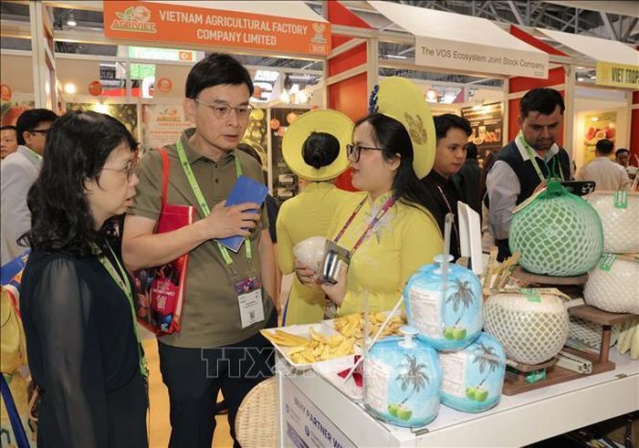 Khách hàng quốc tế tìm hiểu về đặc sản trái cây Việt Nam. Ảnh: Xuân Vịnh/Phóng viên TTXVN tại Hong Kong (Trung Quốc)