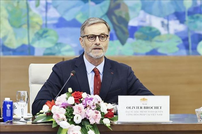 Đại sứ đặc mệnh toàn quyền Cộng hòa Pháp tại Việt Nam Olivier Brochet phát biểu. Ảnh: Doãn Tấn/TTXVN
