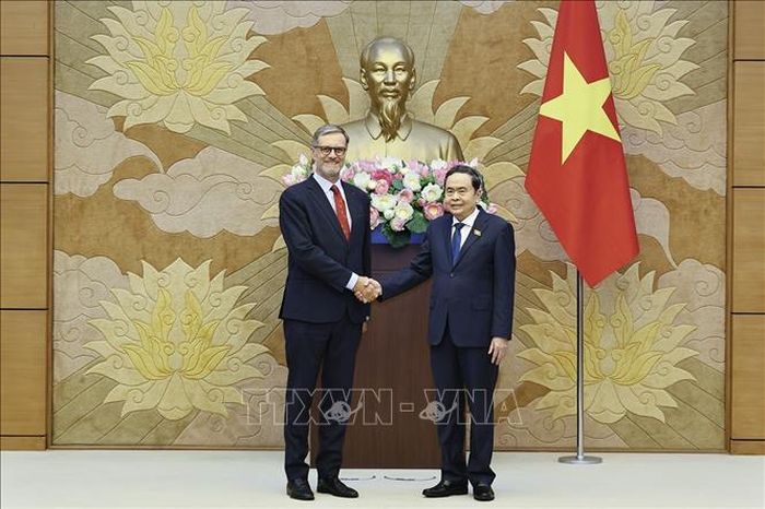 Chủ tịch Quốc hội Trần Thanh Mẫn tiếp Đại sứ đặc mệnh toàn quyền Cộng hòa Pháp tại Việt Nam Olivier Brochet. Ảnh: Doãn Tấn/TTXVN