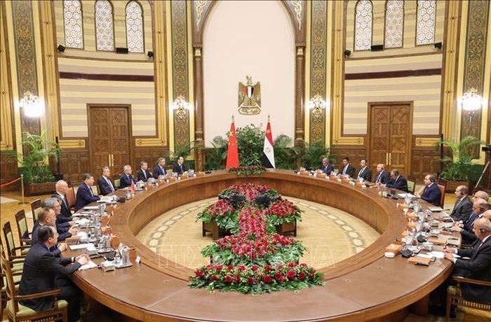 Cuộc gặp giữa Chủ tịch Trung Quốc Tập Cận Bình và Tổng thống Ai Cập Abdel Fattah El-Sisi ở Cairo ngày 2/9/2026. Ảnh: THX/TTXVN phát