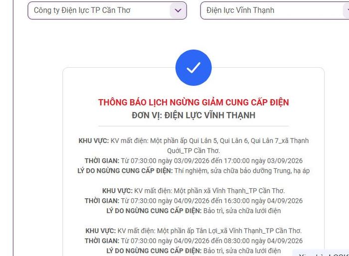 Lịch ngừng cấp điện tại Cần Thơ ngày mai 4/9 được cập nhật ngày 3/9 tại website của EVNSPC. Ảnh: BNEWS phát