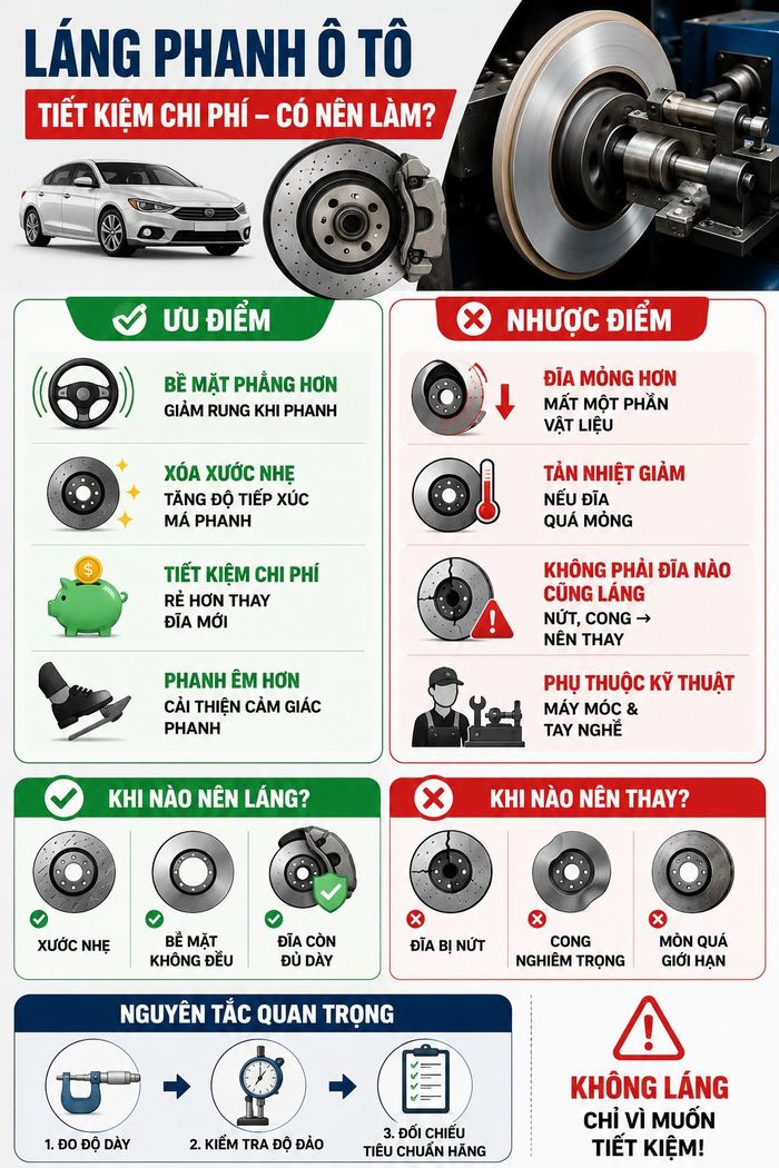 Chuyên gia kỹ thuật khuyến cáo cần đánh giá kỹ tình trạng đĩa phanh trước khi quyết định láng hay thay để đảm bảo an toàn.
