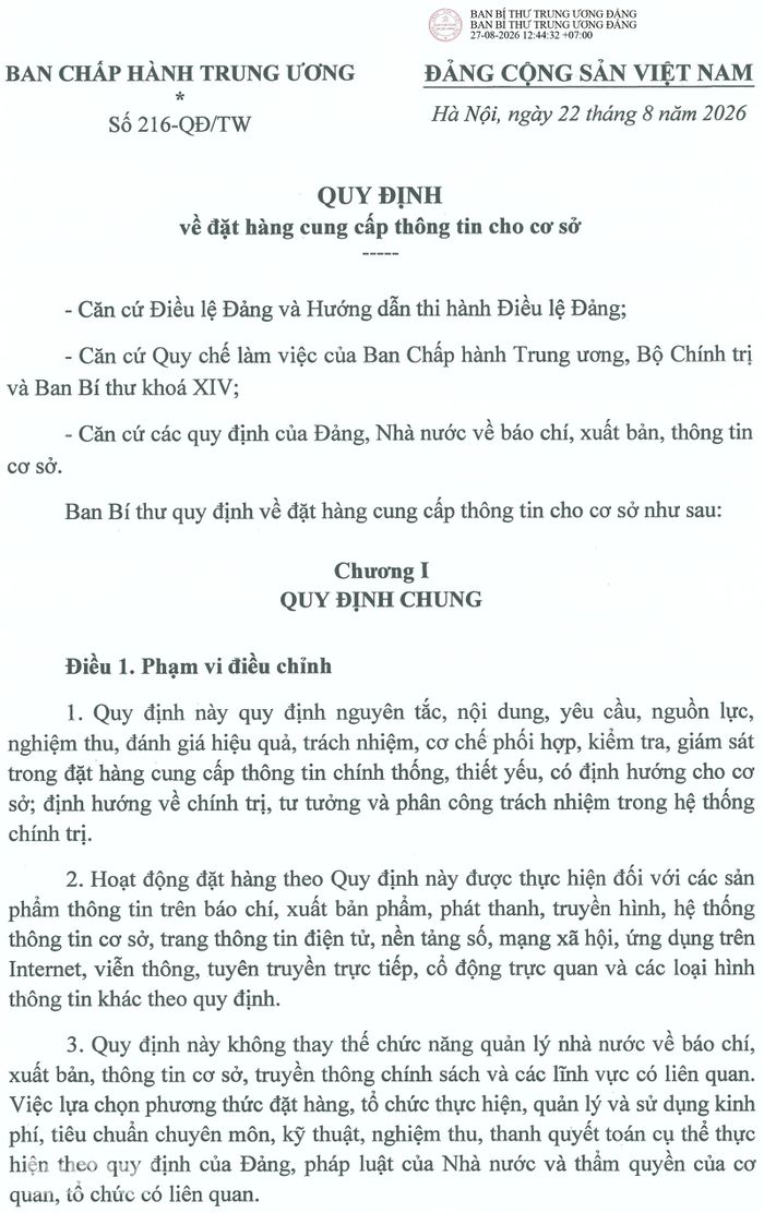 Nguồn: Quy định số 216-QĐ/TW ngày 22/8/2026 của Ban Bí thư.