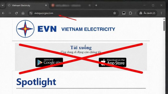 Trang web mạo danh thương hiệu EVN nhằm lừa khách hàng tải và cài đặt ứng dụng giả mạo mang tên “CSKH EVNSPC”. (Ảnh: EVN)