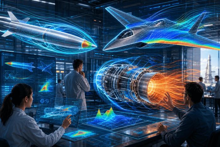 Minh họa Physics AI hỗ trợ mô phỏng và tối ưu thiết kế tên lửa, máy bay cùng động cơ trong môi trường kĩ thuật số. Ảnh: B.Đ