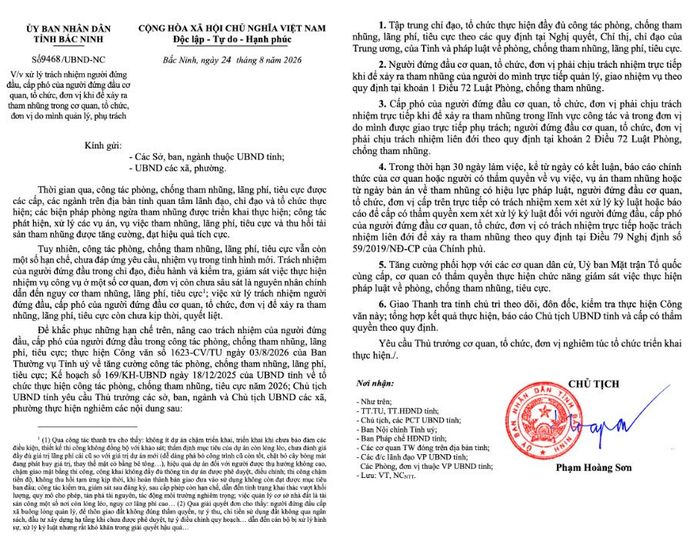 Công văn xử lý trách nhiệm người đứng đầu khi để xảy ra tham nhũng của UBND tỉnh Bắc Ninh.