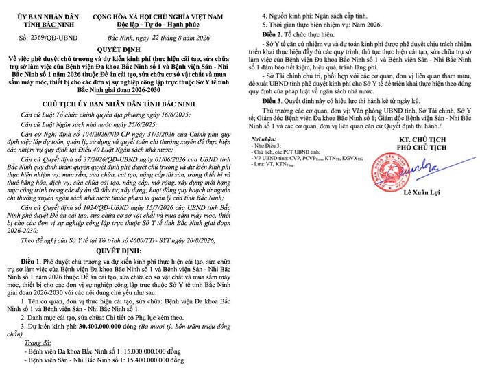 Quyết định số 2369/QĐ-UBND do Phó Chủ tịch UBND tỉnh Bắc Ninh Lê Xuân Lợi ký ngày 22/8/2026.
