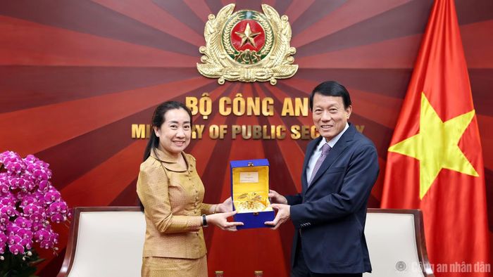 Tân Đại sứ Touch Sopharath tặng quà lưu niệm Bộ trưởng Lương Tam Quang.