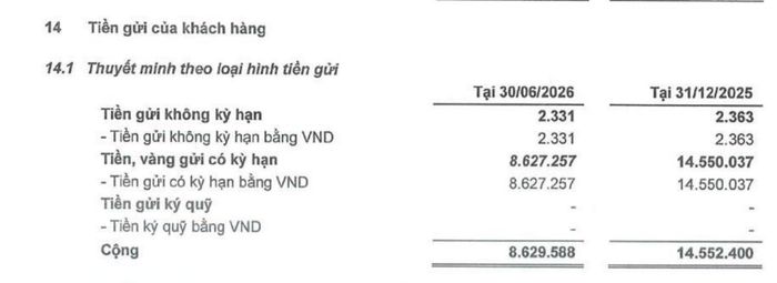 Tiền gửi không kỳ hạn của khách hàng chiếm 0,027% tổng tiền gửi khách hàng tại ngày 30/6/2026. Nguồn: Báo cáo tài chính giữa niên độ soát xét sáu tháng đầu năm 2026.