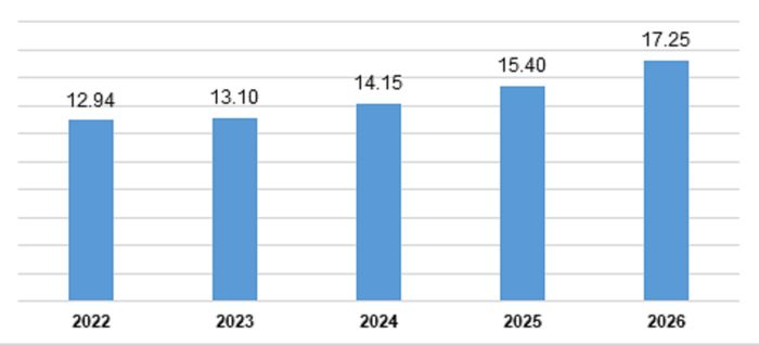 Vốn đầu tư trực tiếp nước ngoài thực hiện 8 tháng giai đoạn 2022 - 2026 (tỷ USD). (Nguồn: Cục Thống kê)