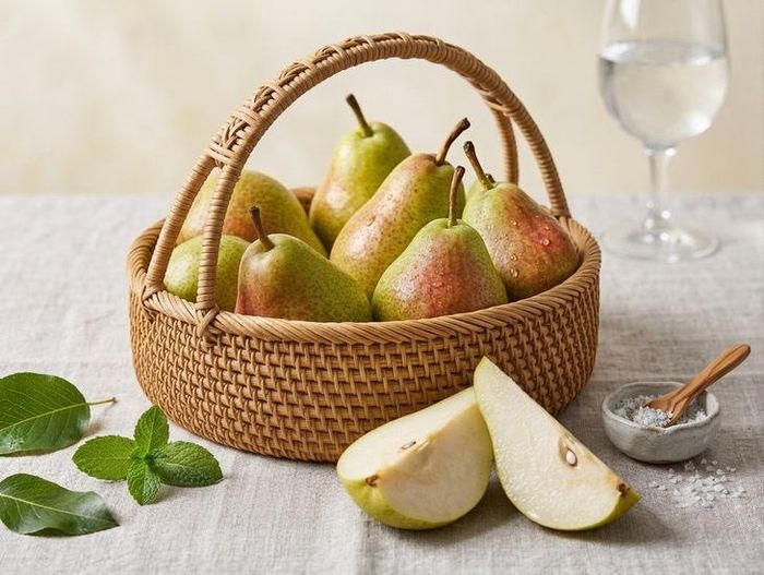 Quả lê chứa ít calo và nhiều chất xơ, giúp no lâu và hạn chế thèm ăn từ đó hỗ trợ giảm cân hiệu quả. Ảnh minh họa AI